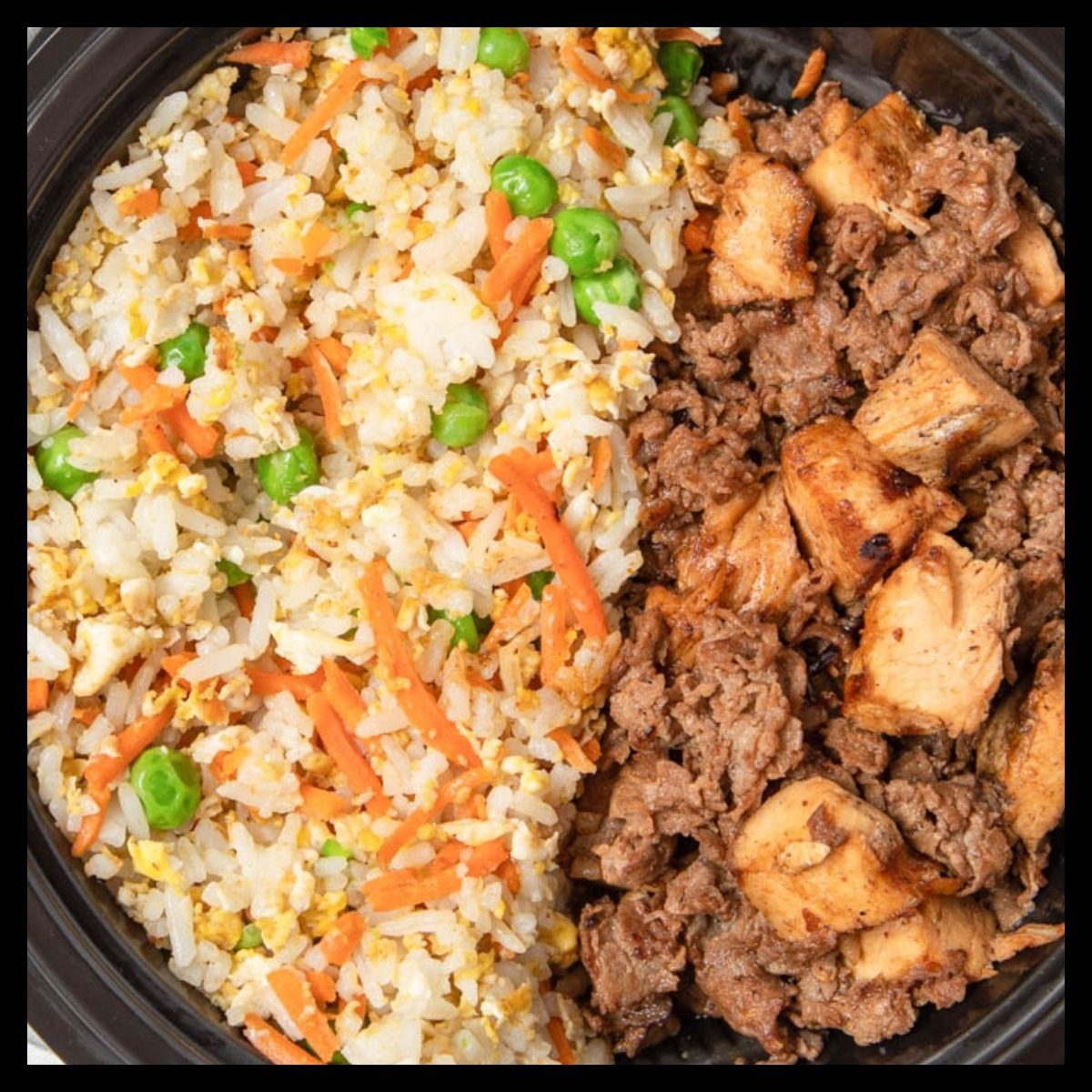 Plate - Chicken & Steak with Egg Fried Rice.