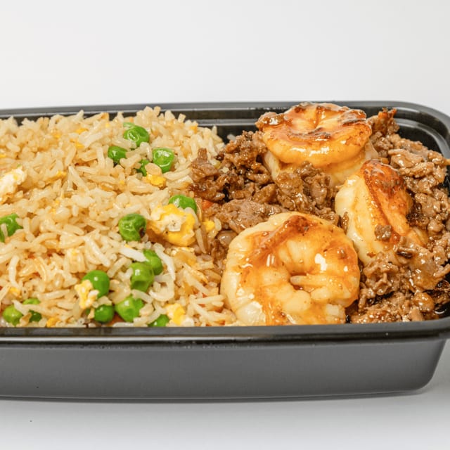 Plate - Steak & Shrimp with Egg Fried Rice.