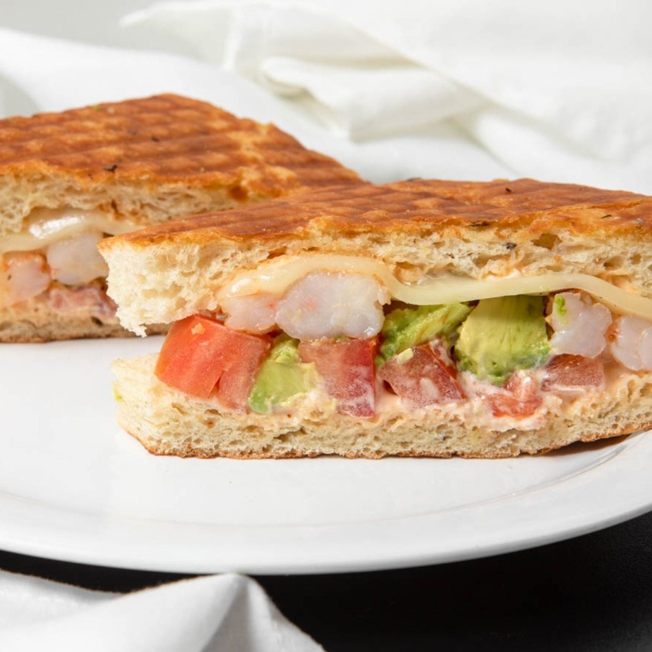 Shrimp and Avocado Panini Sandwich.