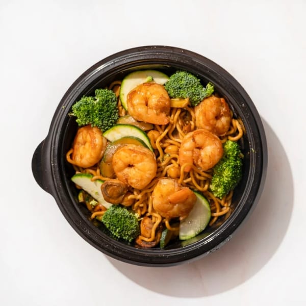 Fresh Millions' shrimp and noodle stir-fry with broccoli, zucchini, and mushrooms in a black bowl.